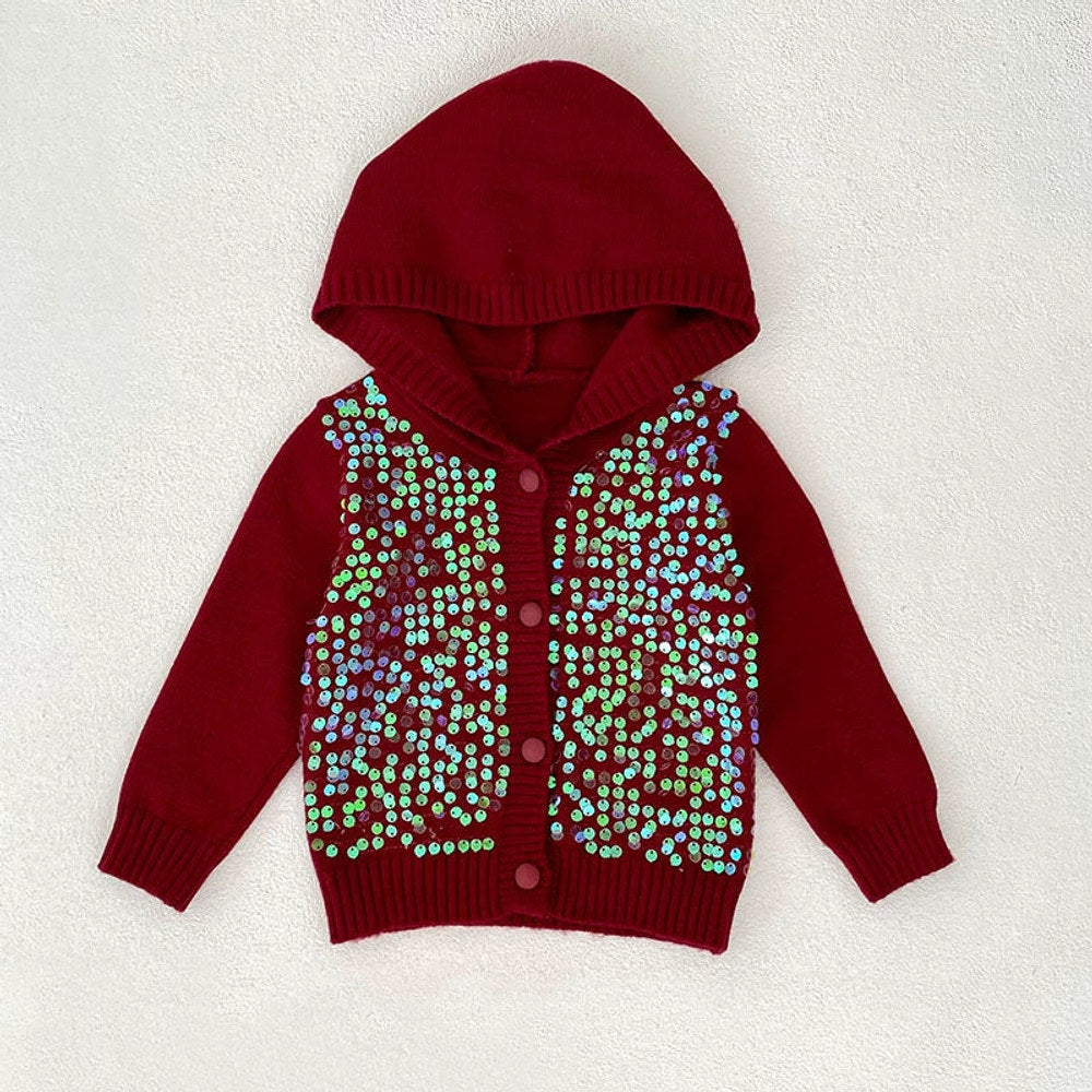 Autumn Arrival Baby Girls Comfortable Sequins Decorated Knitted Long Sleeves Cardigan with Hood