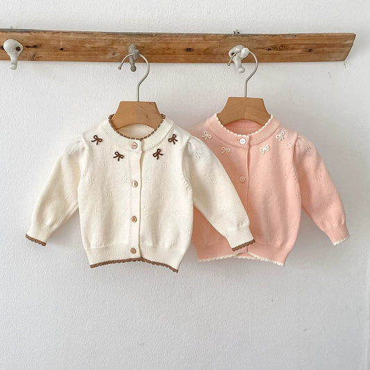 MyKids-USA® Baby Girls Comfortable Hollow-out and Butterfly-bows Pattern Knitted Long Sleeves Cardigan