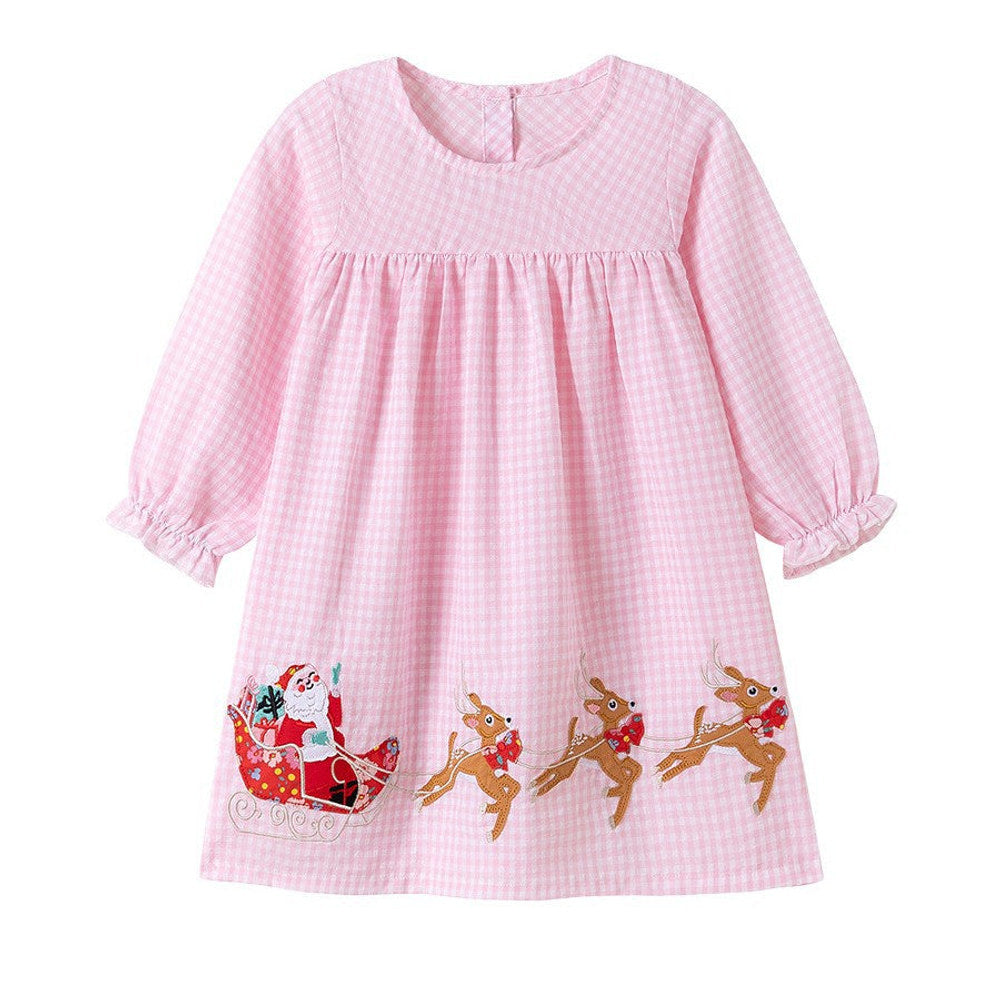MyKids-USA® Cartoon Animals Christmas Pattern Long Sleeves Crew Neck Dress for Stylish Girls