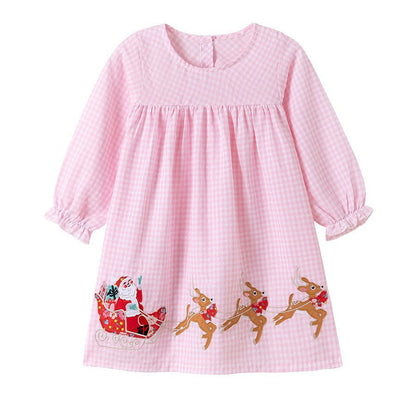 MyKids-USA® Cartoon Animals Christmas Pattern Long Sleeves Crew Neck Dress for Stylish Girls
