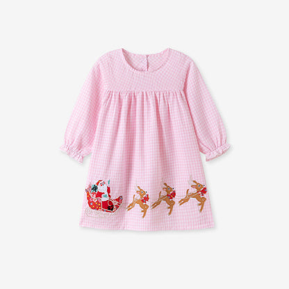 MyKids-USA® Cartoon Animals Christmas Pattern Long Sleeves Crew Neck Dress for Stylish Girls