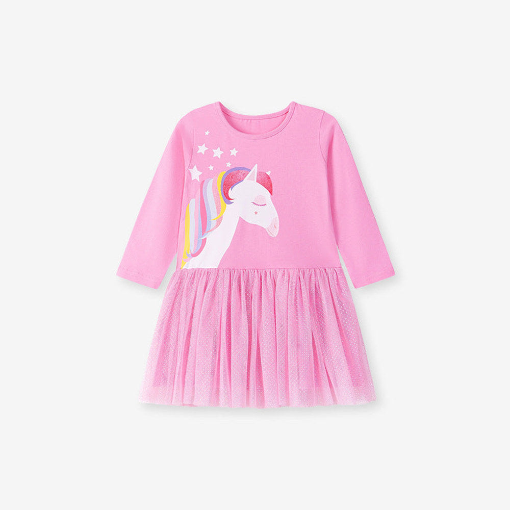 MyKids-USA® Cartoon Animals Pattern Long Sleeves Crew Neck Dress for Stylish Girls