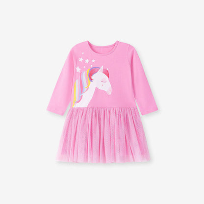 MyKids-USA® Cartoon Animals Pattern Long Sleeves Crew Neck Dress for Stylish Girls