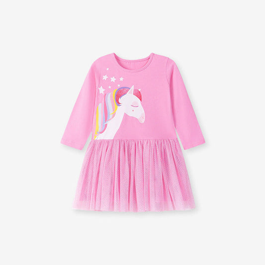 MyKids-USA® Autumn Arrival Cartoon Animals Pattern Long Sleeves Crew Neck Dress for Stylish Girls