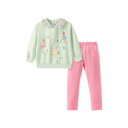 MyKids-USA® Girls Fairy Cartoon Pattern Long Sleeves Sweatshirt with Collar and Pink Pants Clothing Set