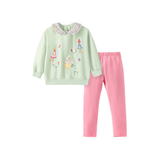 MyKids-USA® Girls Fairy Cartoon Pattern Long Sleeves Sweatshirt with Collar and Pink Pants Clothing Set