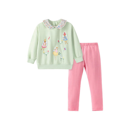 MyKids-USA® Girls Fairy Cartoon Pattern Long Sleeves Sweatshirt with Collar and Pink Pants Clothing Set