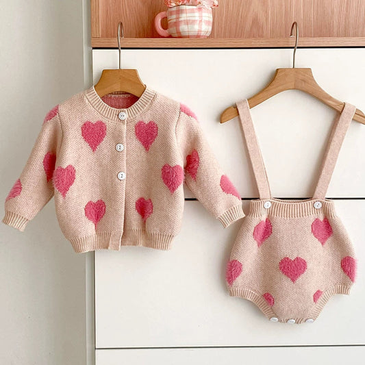 MyKids-USA® Baby Kids Girls Heart Pattern Knitting Pattern Cardigan Sweater and Bloomers Casual Clothing Set