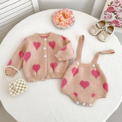 MyKids-USA® Baby Kids Girls Heart Pattern Knitting Pattern Cardigan Sweater and Bloomers Casual Clothing Set
