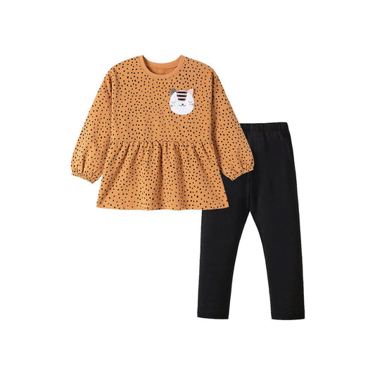 MyKids-USA® Girls Cat Cartoon and Dots Pattern Long Sleeves Sweatshirt and Black Pants Clothing Set