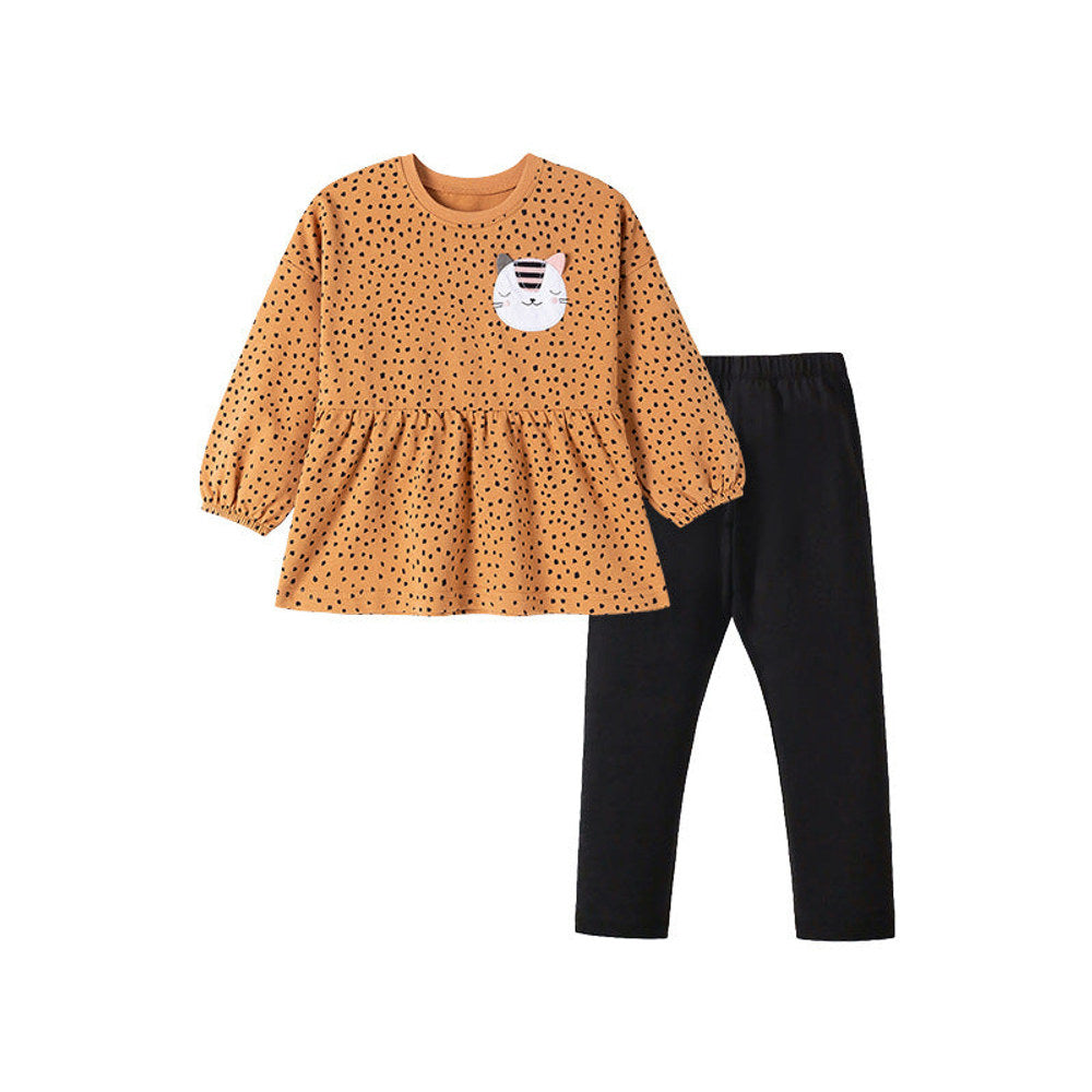 MyKids-USA® Girls Cat Cartoon and Dots Pattern Long Sleeves Sweatshirt and Black Pants Clothing Set