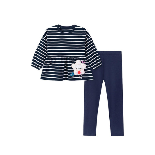 MyKids-USA® Girls Cartoon Flower Decorated Striped Pattern Long Sleeves Dress and Pants Clothing Set