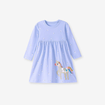 MyKids-USA® Cartoon Horse and Flowers Pattern Long Sleeves Crew Neck Dress for Stylish Girls
