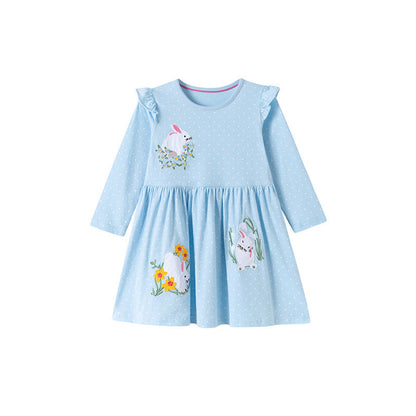 MyKids-USA® Cartoon Rabbits and Flowers Pattern Long Sleeves Crew Neck Dress for Stylish Girls