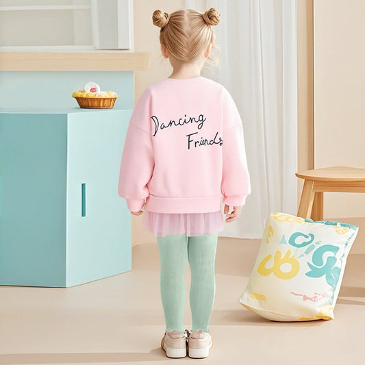MyKids-USA® Kids Girls Cartoon Pattern Crew Neck Long Sleeves Lace Trim Top Sweatshirt