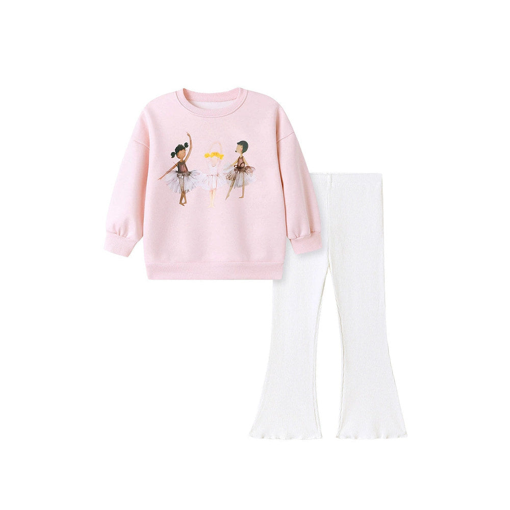 MyKids-USA® Girls Dancers Cartoon Pattern Long Sleeves Sweatshirt and Beige Pants Clothing Set