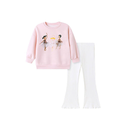 MyKids-USA® Girls Dancers Cartoon Pattern Long Sleeves Sweatshirt and Beige Pants Clothing Set