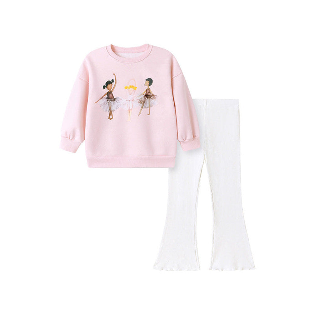 MyKids-USA® Girls Dancers Cartoon Pattern Long Sleeves Sweatshirt and Beige Pants Clothing Set