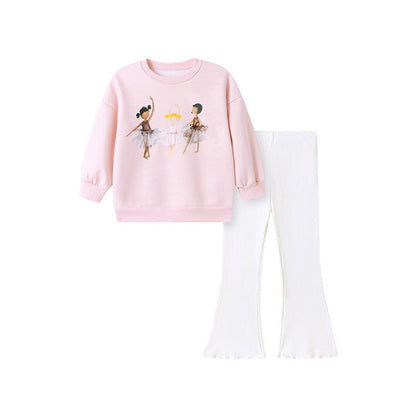 MyKids-USA® Girls Dancers Cartoon Pattern Long Sleeves Sweatshirt and Beige Pants Clothing Set