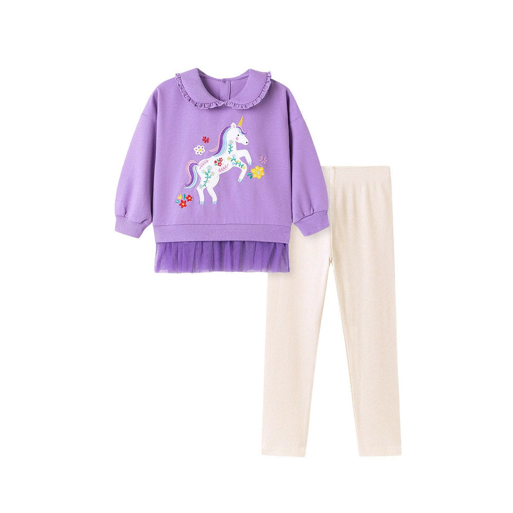 MyKids-USA® Girls Unicorn Cartoon Pattern Long Sleeves Sweatshirt and Beige Pants Clothing Set
