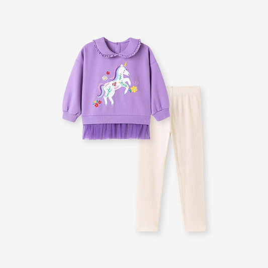 MyKids-USA® Girls Unicorn Cartoon Pattern Long Sleeves Sweatshirt and Beige Pants Clothing Set