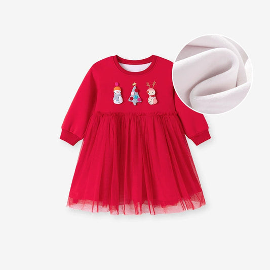 MyKids-USA® Autumn and Winter Warm Arrival Christmas Cartoon Pattern Long Sleeves Crew Neck Dress for Stylish Girls