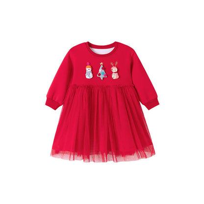 MyKids-USA® Warm Christmas Cartoon Pattern Long Sleeves Crew Neck Dress for Stylish Girls