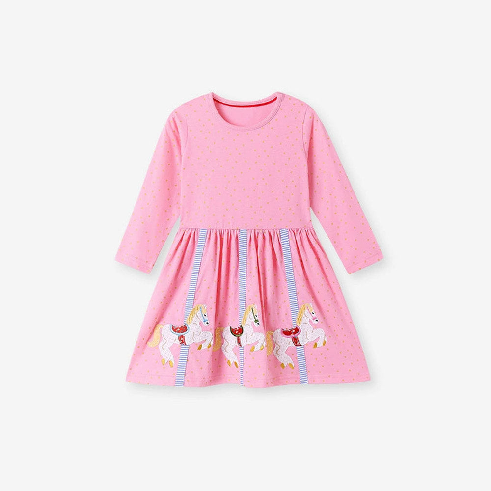 MyKids-USA® Cartoon Animals Pattern Long Sleeves Crew Neck Dress for Stylish Girls