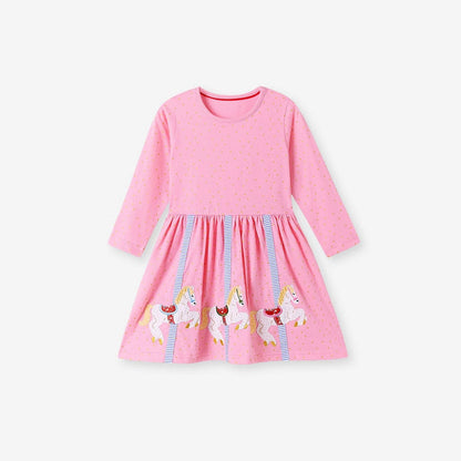 MyKids-USA® Cartoon Animals Pattern Long Sleeves Crew Neck Dress for Stylish Girls