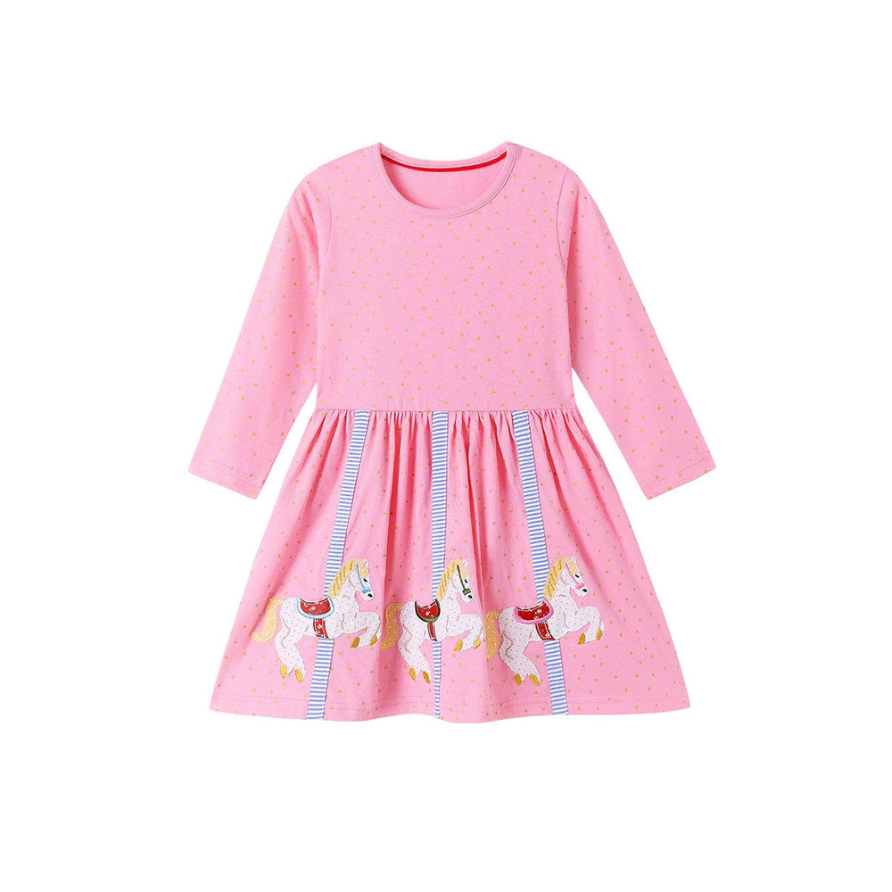 MyKids-USA® Cartoon Animals Pattern Long Sleeves Crew Neck Dress for Stylish Girls