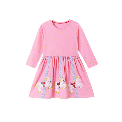 MyKids-USA® Cartoon Animals Pattern Long Sleeves Crew Neck Dress for Stylish Girls