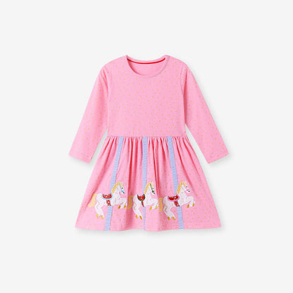 MyKids-USA® Cartoon Animals Pattern Long Sleeves Crew Neck Dress for Stylish Girls
