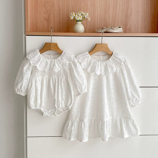 MyKids-USA® Baby Girls French Style Solid Color Flowers Embroidered Pattern Long-sleeved bodysuit and Dress – Princess Sister Matching Set