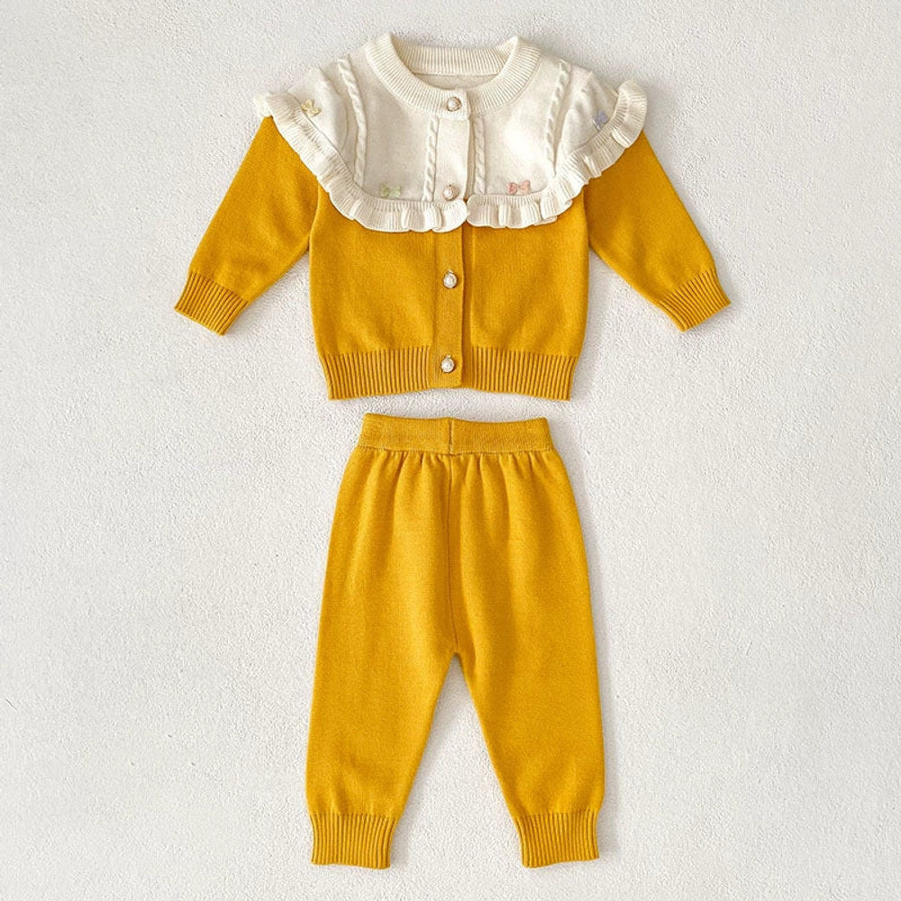 MyKids-USA® Baby Girls Long Sleeves Color Patchwork Knitted Top Cardigan and Long Trousers Clothing Set