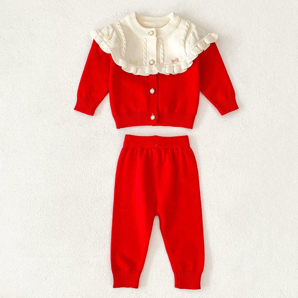 MyKids-USA® Baby Girls Long Sleeves Color Patchwork Knitted Top Cardigan and Long Trousers Clothing Set