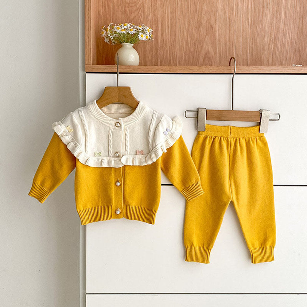 MyKids-USA® Baby Girls Long Sleeves Color Patchwork Knitted Top Cardigan and Long Trousers Clothing Set