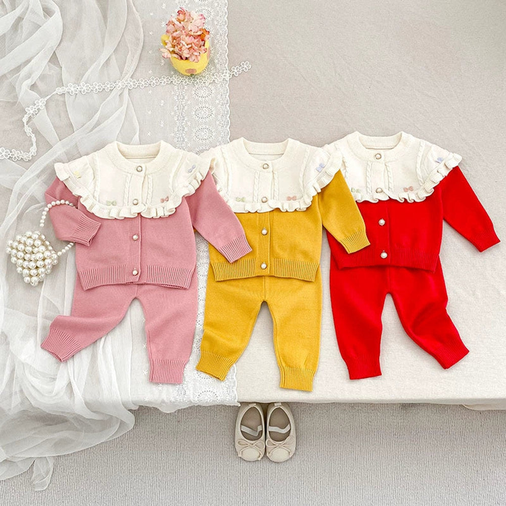 MyKids-USA® Baby Girls Long Sleeves Color Patchwork Knitted Top Cardigan and Long Trousers Clothing Set