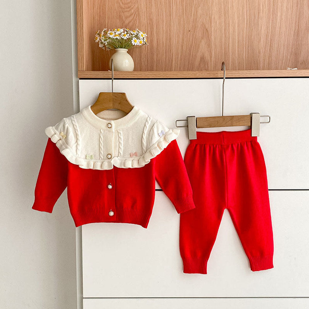 MyKids-USA® Baby Girls Long Sleeves Color Patchwork Knitted Top Cardigan and Long Trousers Clothing Set