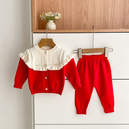 MyKids-USA® Baby Girls Long Sleeves Color Patchwork Knitted Top Cardigan and Long Trousers Clothing Set