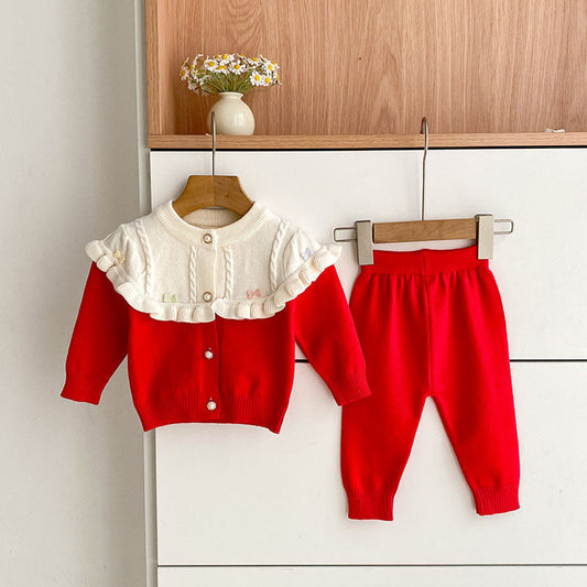 MyKids-USA® Baby Girls Long Sleeves Color Patchwork Knitted Top Cardigan and Long Trousers Clothing Set
