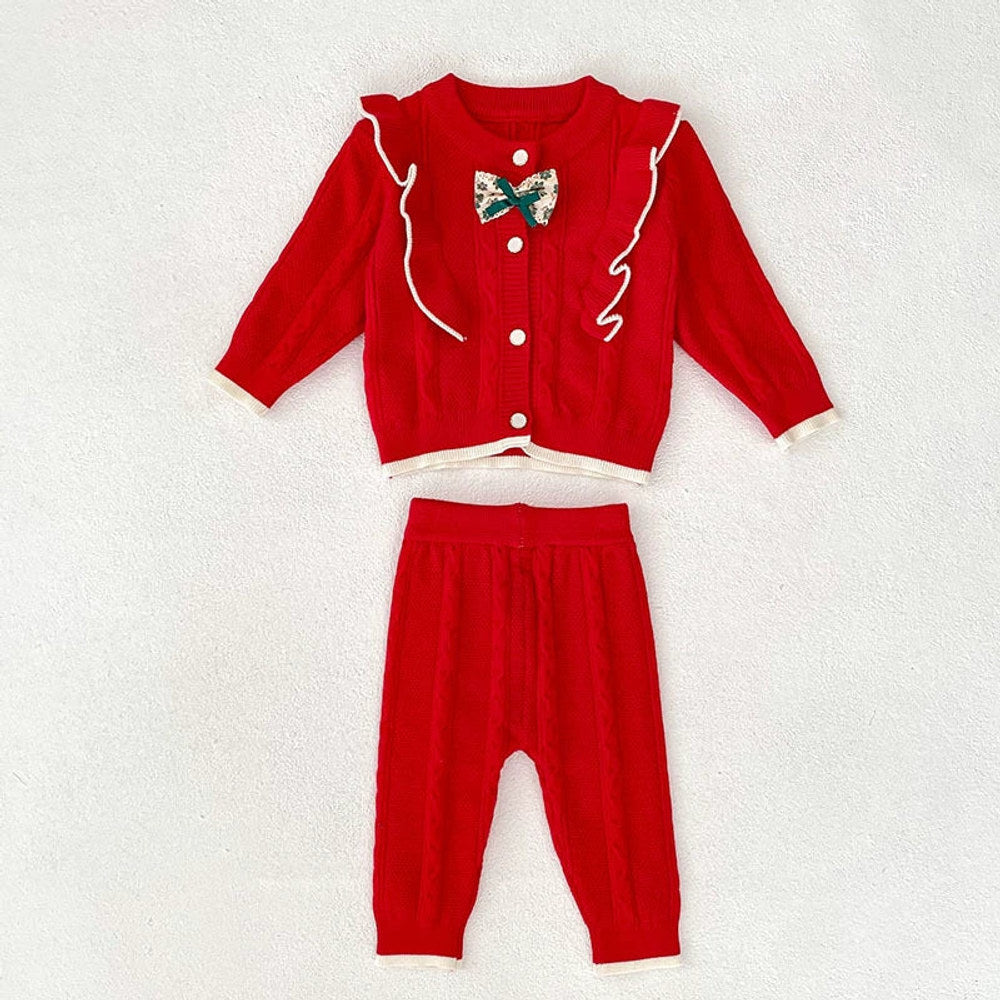 MyKids-USA® Baby Girls Long Sleeves Color Patchwork Jacquard Pattern Knitted Top Cardigan and Long Trousers Clothing Set