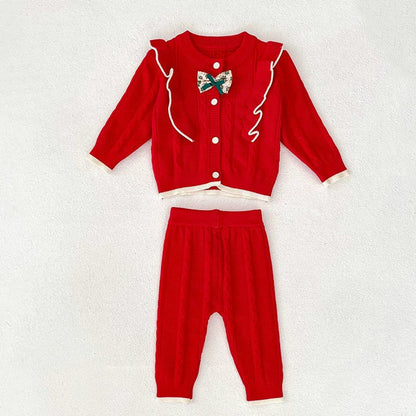 MyKids-USA® Baby Girls Long Sleeves Color Patchwork Jacquard Pattern Knitted Top Cardigan and Long Trousers Clothing Set