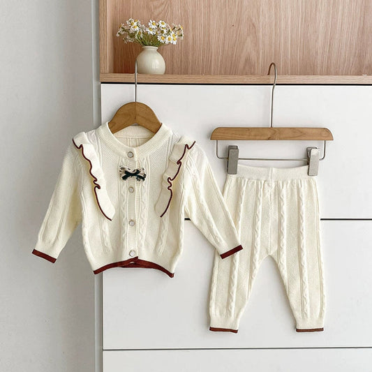 MyKids-USA® Baby Girls Long Sleeves Color Patchwork Jacquard Pattern Knitted Top Cardigan and Long Trousers Clothing Set