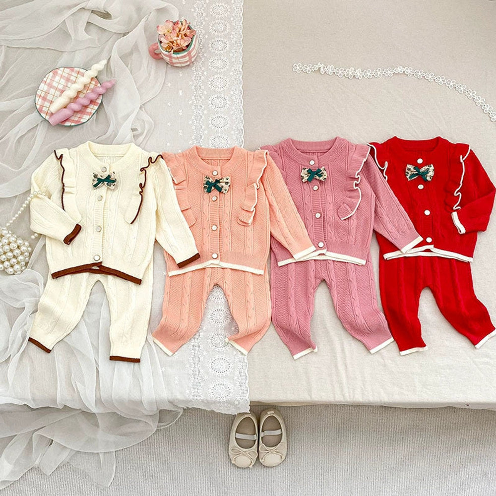 MyKids-USA® Baby Girls Long Sleeves Color Patchwork Jacquard Pattern Knitted Top Cardigan and Long Trousers Clothing Set