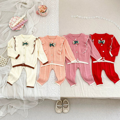 MyKids-USA® Baby Girls Long Sleeves Color Patchwork Jacquard Pattern Knitted Top Cardigan and Long Trousers Clothing Set