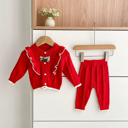 MyKids-USA® Baby Girls Long Sleeves Color Patchwork Jacquard Pattern Knitted Top Cardigan and Long Trousers Clothing Set