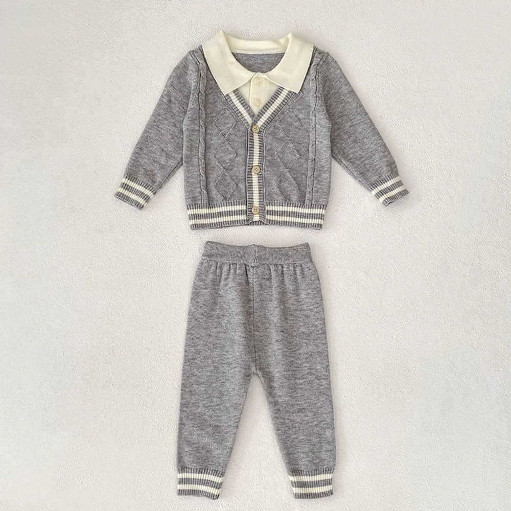 MyKids-USA® Baby Unisex Long Sleeves Color Patchwork Striped Pattern Knitted Top Cardigan and Long Trousers Clothing Set