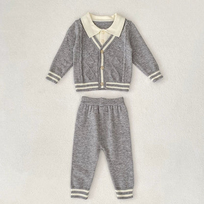 MyKids-USA® Baby Unisex Long Sleeves Color Patchwork Striped Pattern Knitted Top Cardigan and Long Trousers Clothing Set