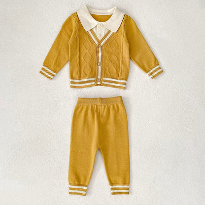 MyKids-USA® Baby Unisex Long Sleeves Color Patchwork Striped Pattern Knitted Top Cardigan and Long Trousers Clothing Set