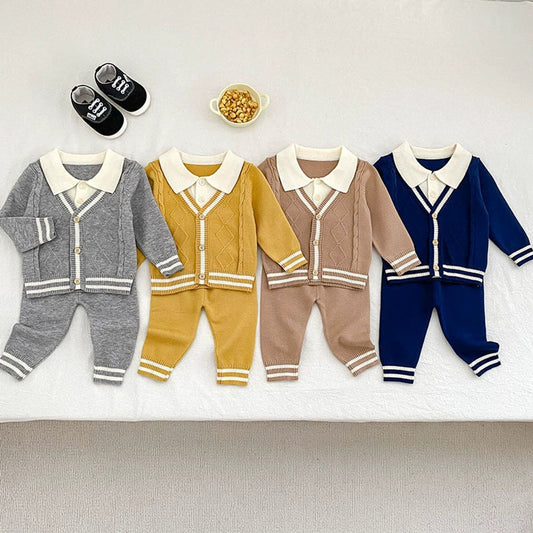 MyKids-USA® Baby Unisex Long Sleeves Color Patchwork Striped Pattern Knitted Top Cardigan and Long Trousers Clothing Set